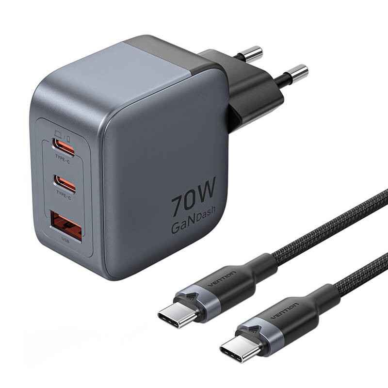 GaN Vention USB-C+C+A 70W įkroviklis + USB-C-C kabelis 1 m (pilkas)