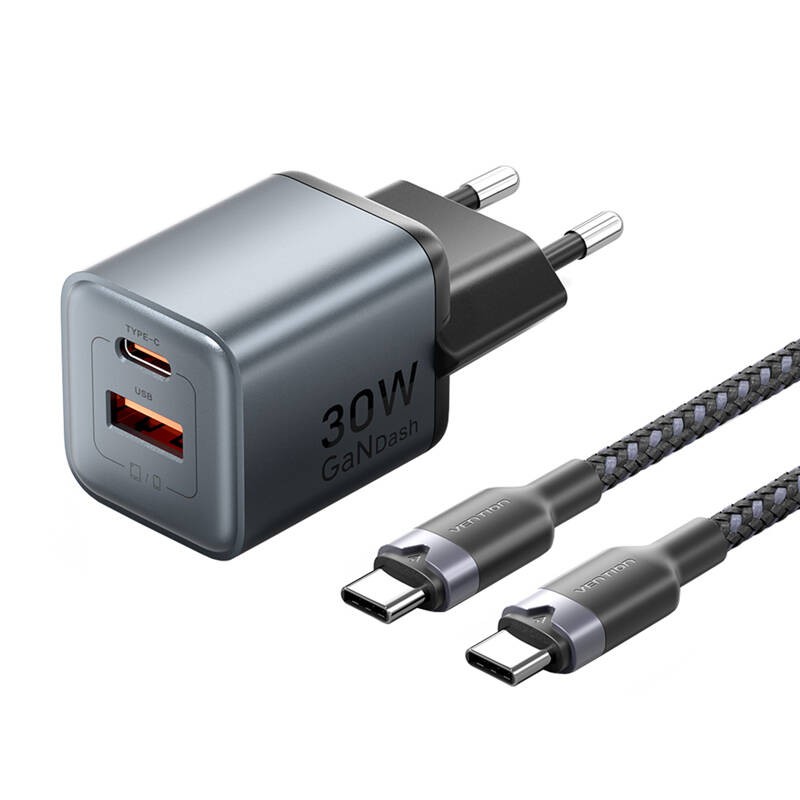 "GaN Vention" USB-C+A 30 W įkroviklis + USB-C-C kabelis 1 m (pilkas)