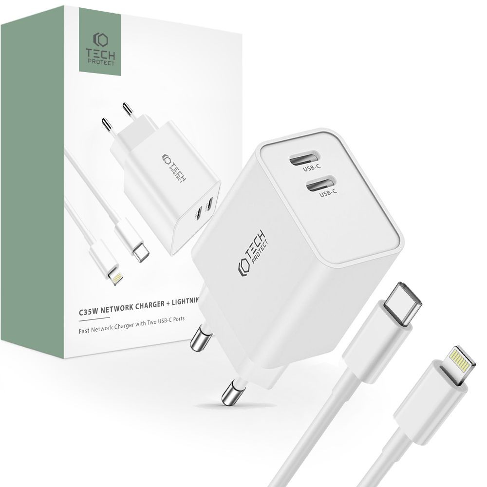 Pakrovėjas-įkroviklis buitinis "Tech-Protect C35W 2-Port Network Charger PD35W + Lightning Cable"