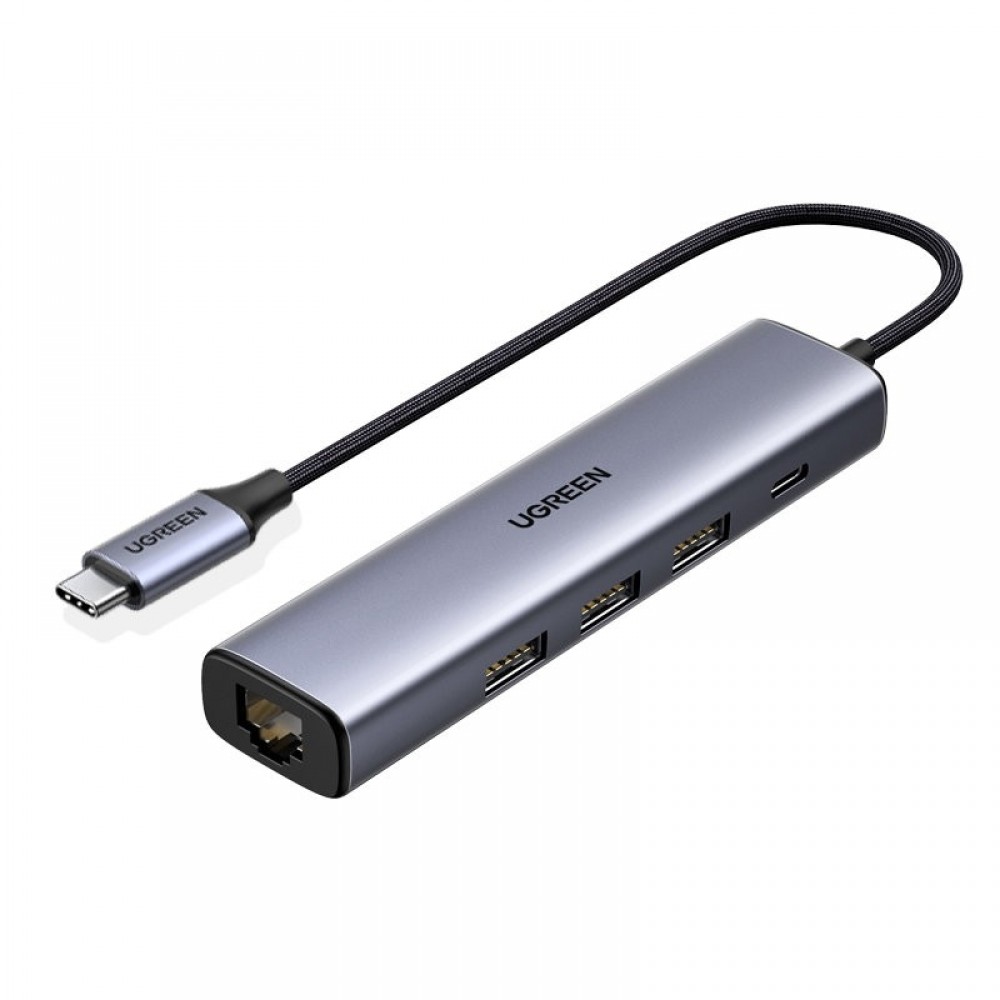 Adapteris Ugreen CM475 USB-C to USB-C + 3xUSB-A + RJ45 pilkas