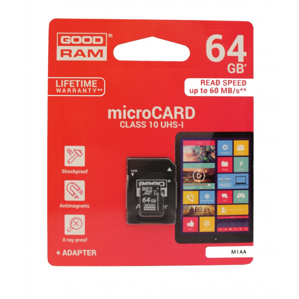 Atminties korta Goodram microSD 64Gb UHS I (class 10) + SD adapter