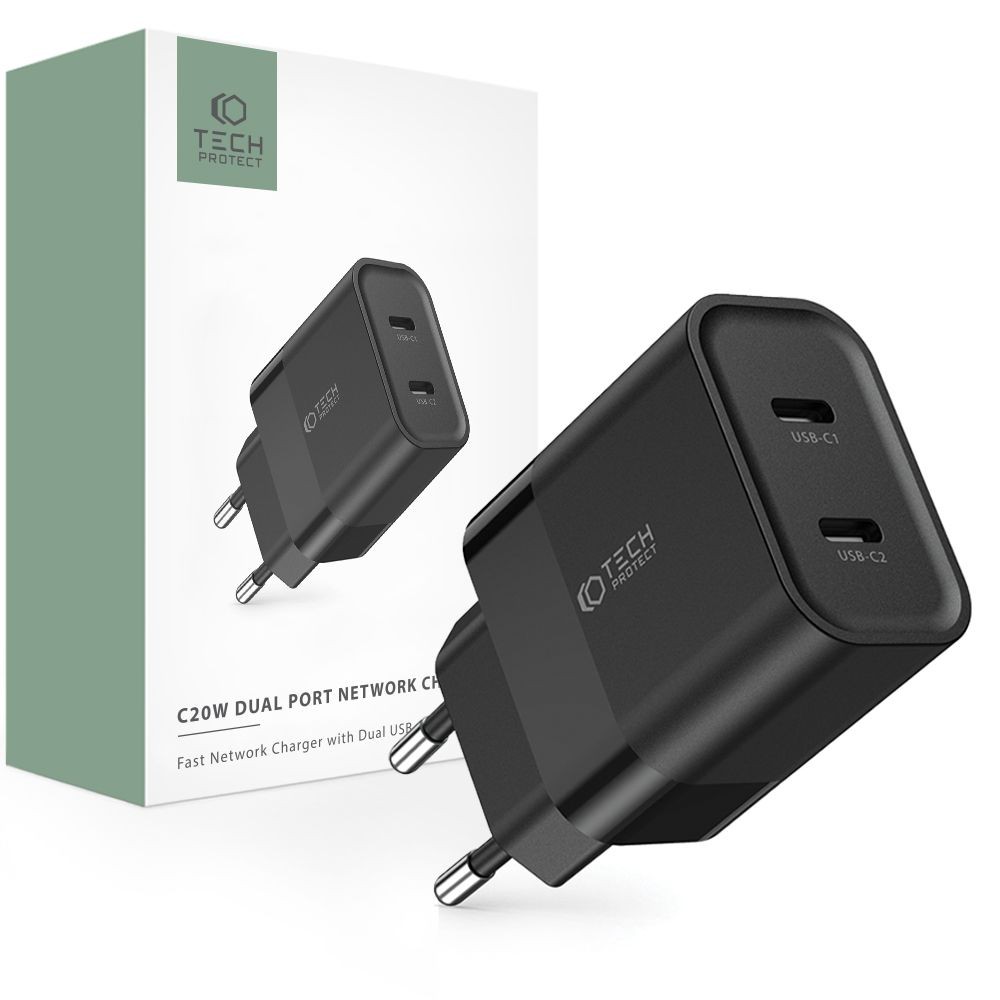 Juodas pakrovėjas-įkroviklis buitinis "Tech-Protect C20W 2-Port Network Charger PD20W"