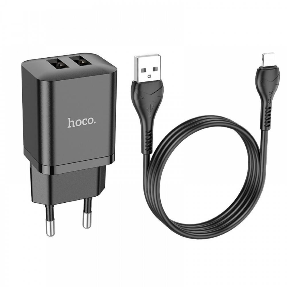 Įkroviklis Hoco N25 2xUSB-A (2.1A) + Lightning juodas