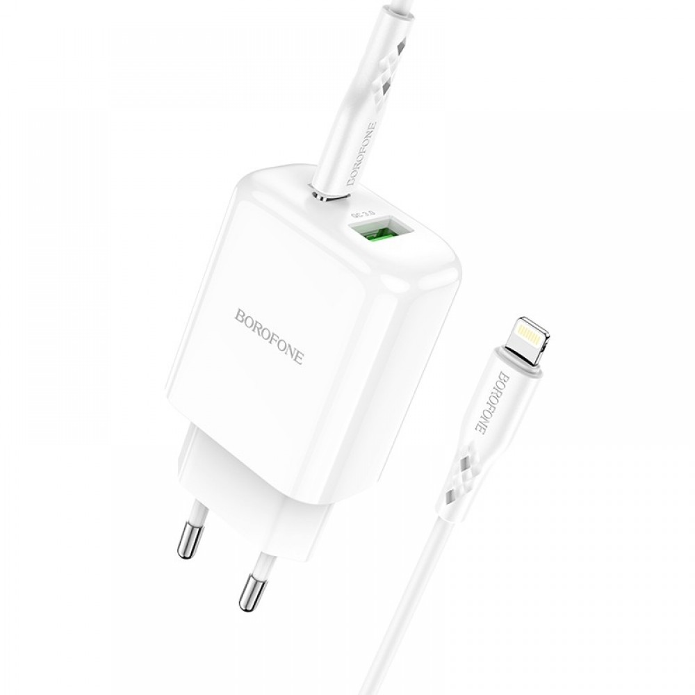 Pakrovėjas-įkroviklis buitinis Borofone BN4 1xUSB, 1xType-C QC 3.0, PD 2.0 20W + Lightning, baltas