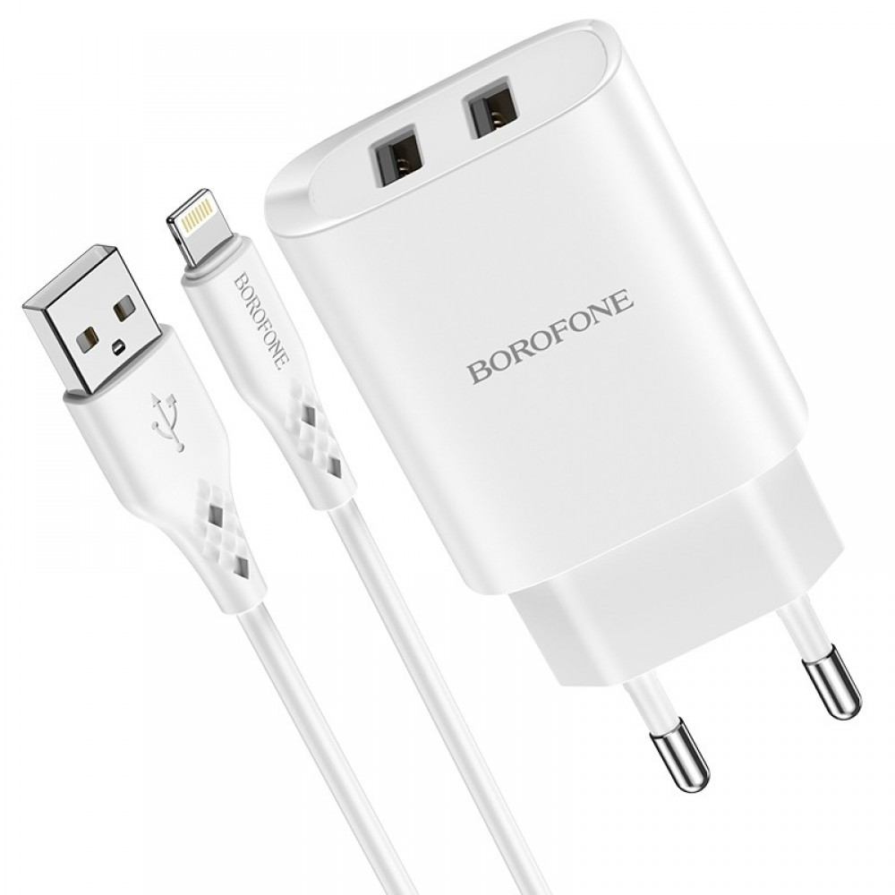 Pakrovėjas-įkroviklis buitinis Borofone BN2 2xUSB 2.1A + Lightning, baltas