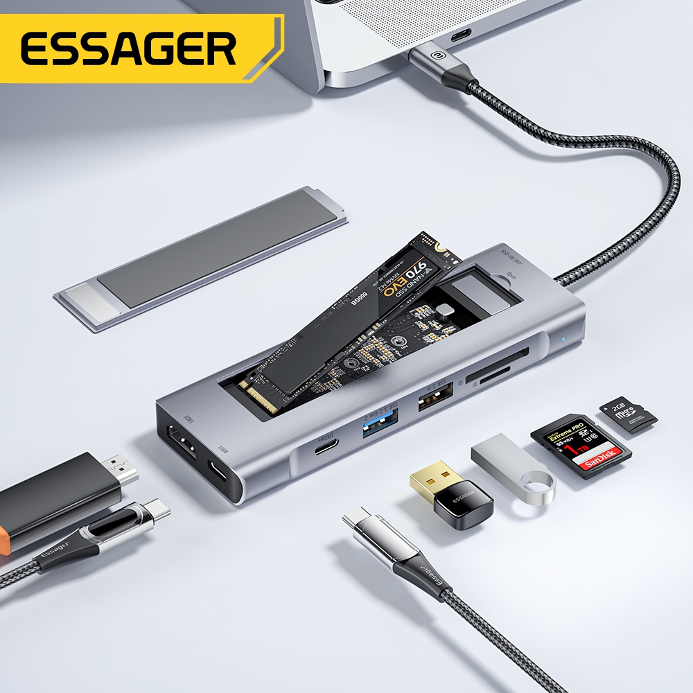 USB šakotuvas (HUB)  Essager 8 in1 su type C, SD/TF kortelių skaitytuvu, HDMI ir SSD jungtimi