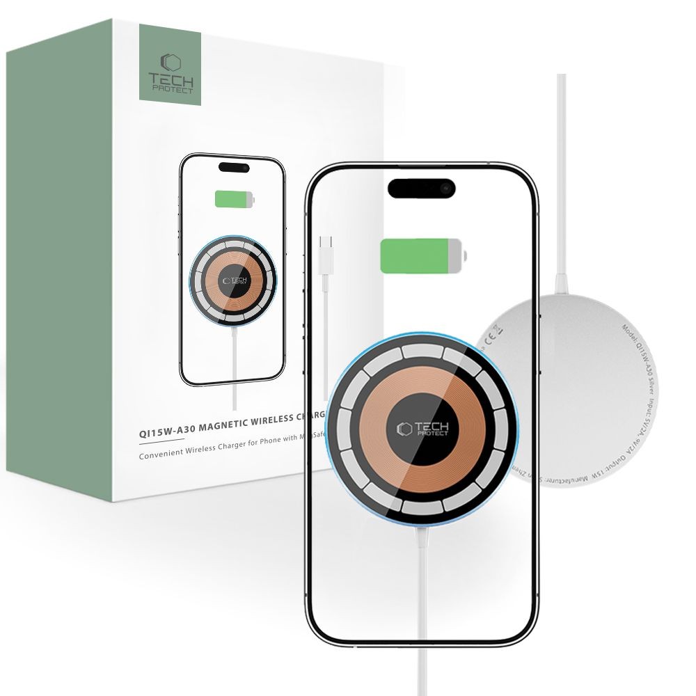 Bevielis įkroviklis "Tech-Protect QI15W-A30 Magnetic Magsafe Wireless Charger" sidabrinis