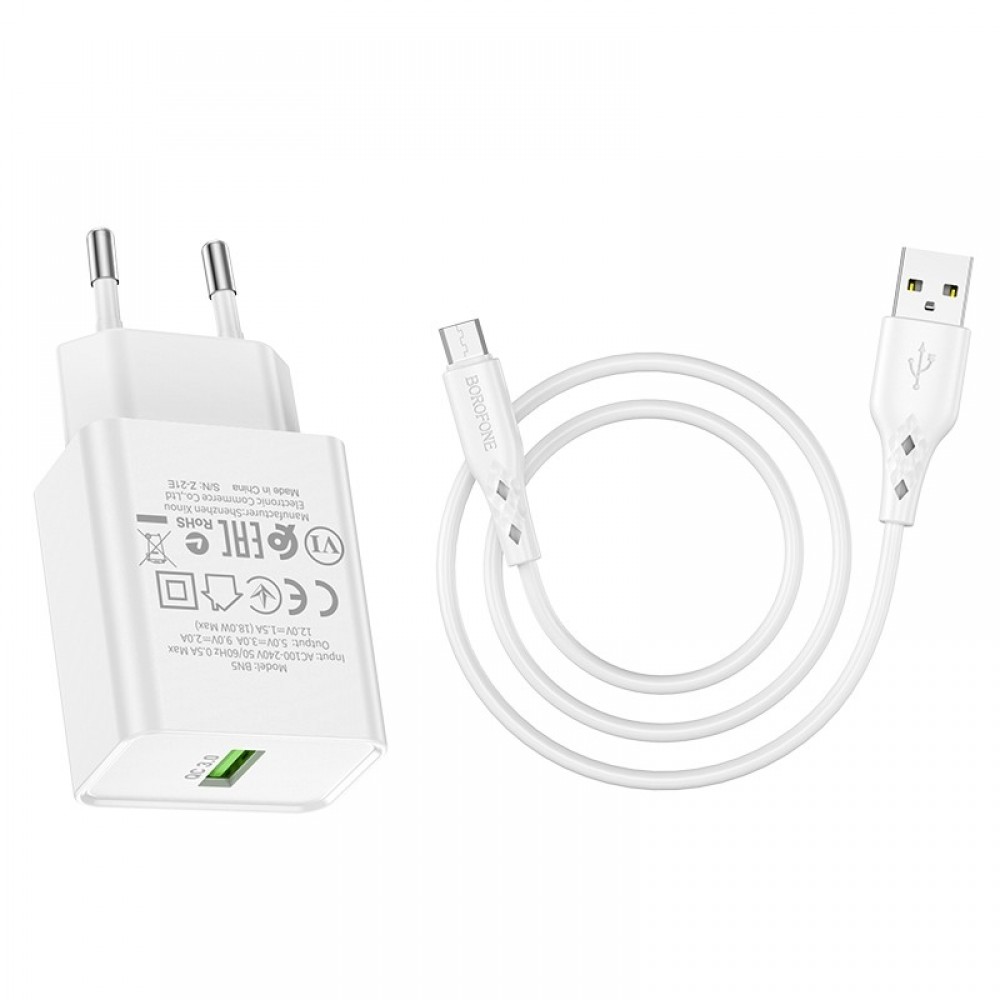 Pakrovėjas-įkroviklis buitinis Borofone BN5 QC 3.0 18W + microUSB, baltas