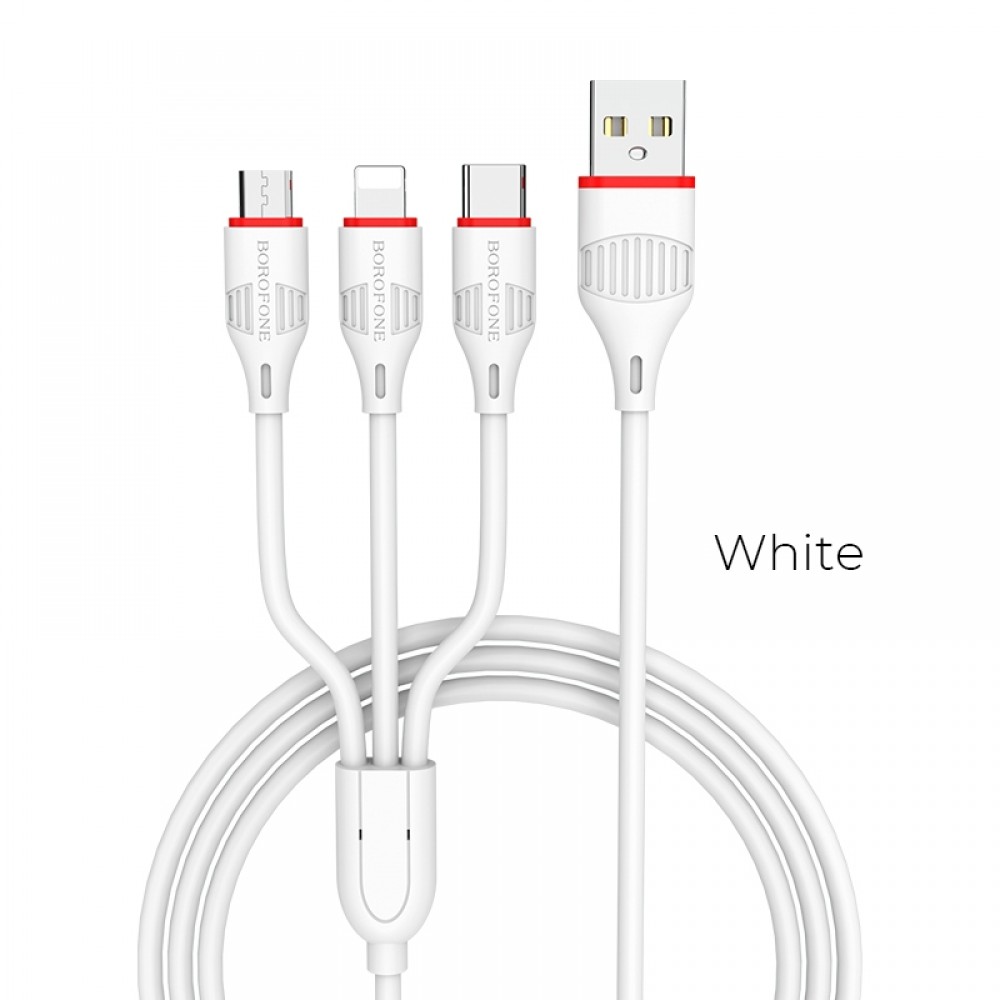 Baltas USB kabelis Borofone BX17 3in1 microUSB-Lightning-Type-C