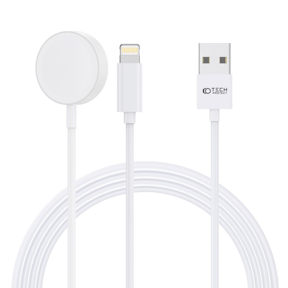 Baltas laikrodžio įkroviklis "Tech-Protect Ultraboost 2in1 Magnetic Charging Cabel & Lightning" 150cm skirtas Apple Watch