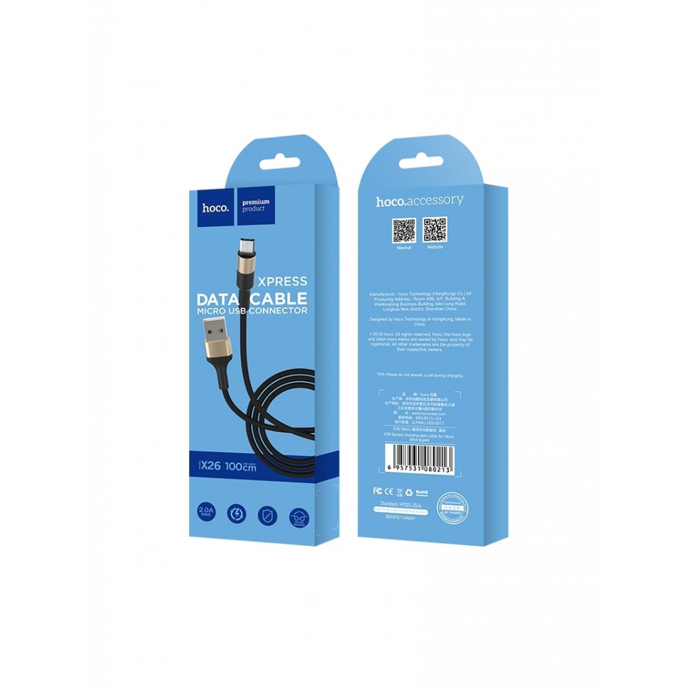 Juodas-Auksinis USB kabelis HOCO X26 microUSB 1m