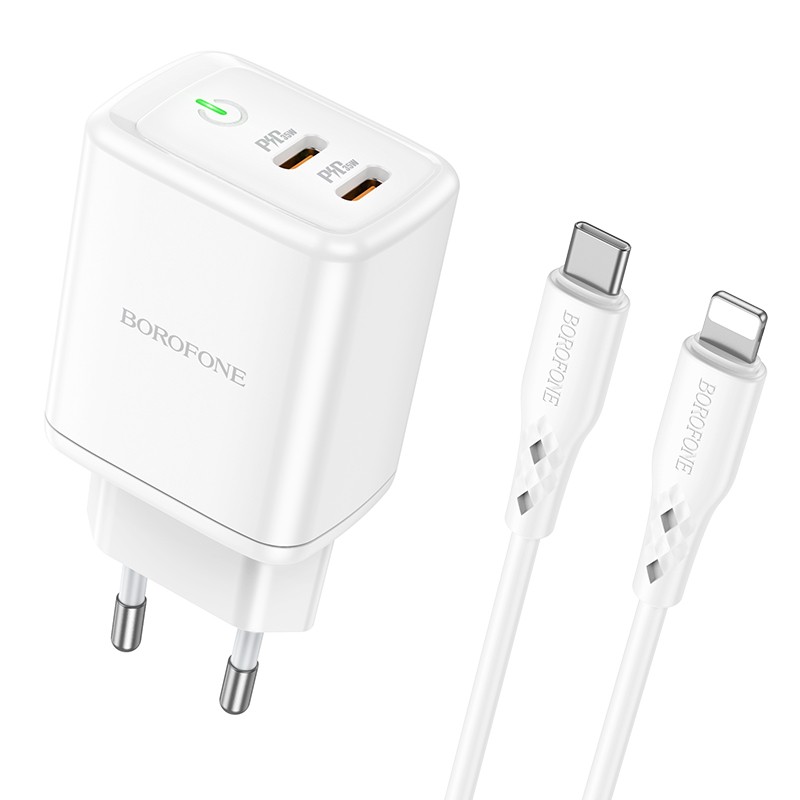 Įkroviklis Borofone BN9 35W 2xUSB-C + USB-C to Lightning cable 1.0m baltas