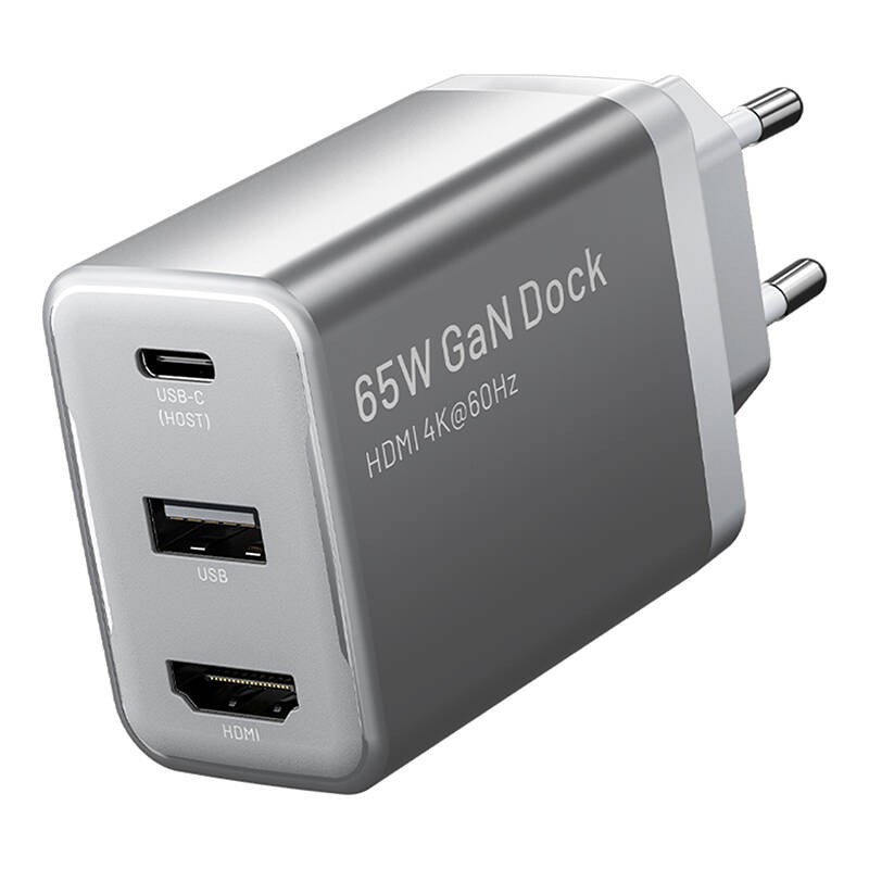 "Vention FJAH0-EU" USB(C+A)+HDMI GaN tinklo įkroviklis (60W-5W-4K@60Hz) (pilka)