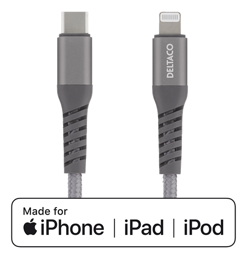 Mob. telefono kabelis DELTACO USB-C su Lightning jungtimi, 1m, pilkas / IPLH-314M