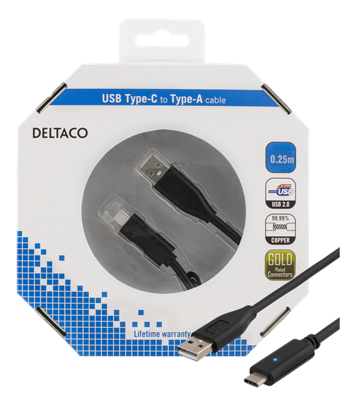 Mob. telefono kabelis DELTACO USB 2.0 "C-A", 0.25m, juodas / USBC-1002-K