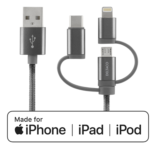 Mob. telefono kabelis DELTACO Micro USB, USB-C, Lightning, pilkas, 1m / IPLH-597