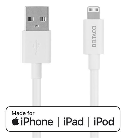 Mob. telefono kabelis DELTACO USB-Lightning,iPod, iPhone, iPad, Apple C189, MFi,0.5m balta/IPLH-4005