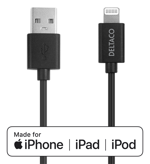Mob. telefono kabelis DELTACO USB-Lightning,iPod, iPhone, iPad, Apple C189, MFi,1m, juodas/ IPLH-411