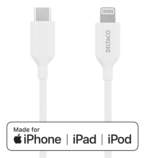 Mob. telefono kabelis DELTACO USB-C-Lightning,iPod, iPhone, iPad, AppleC94, MFi,1m, baltas/ IPLH-451