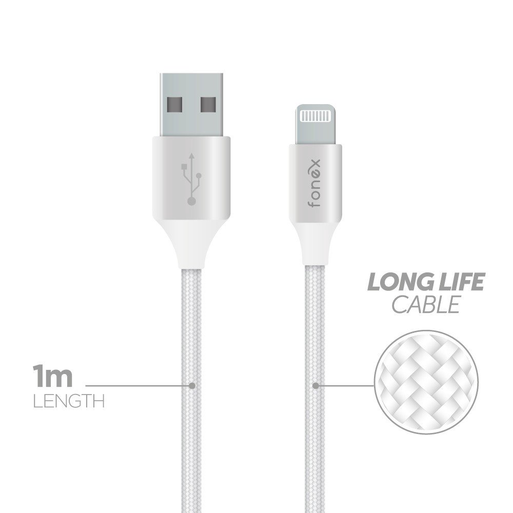 Kabelis Data Cable USB to Lightning 10W Fabric 1m By Fonex White