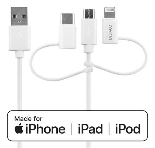 Mob. telefono kabelis DELTACO USB-A - USB-C/Micro USB/Lightning, C189, MFi, 1m. baltas / IPLH-441