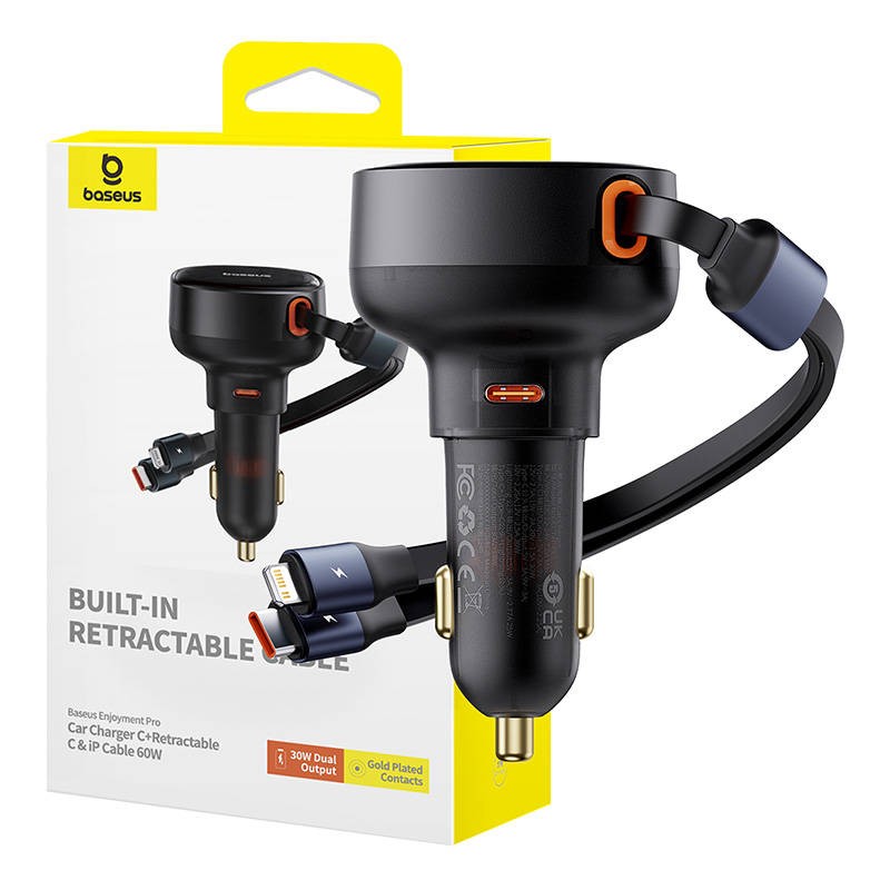 Automobilinis įkroviklis "Baseus Enjoyment USB-C" su USB-C kabeliu ir "Lightning" 60 W (juodas)