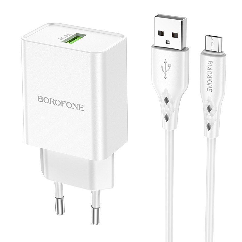 Įkroviklis Borofone BN5 18W USB-A + USB-A to MicroUSB cable 1.0m baltas