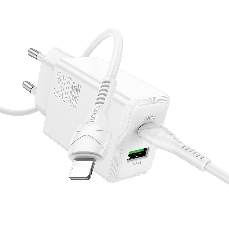 Įkroviklis Hoco N71 30W GaN USB-C/USB-A + USB-C to Lightning cable 1.0m baltas