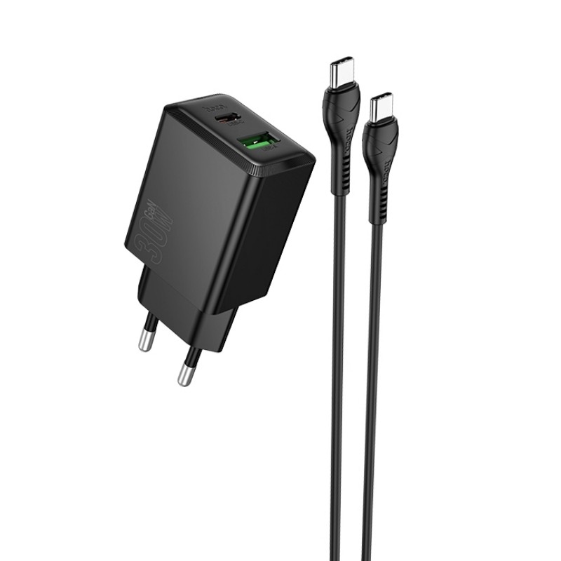 Įkroviklis Hoco N71 30W GaN USB-C/USB-A + USB-C to USB-C cable 1.0m juodas