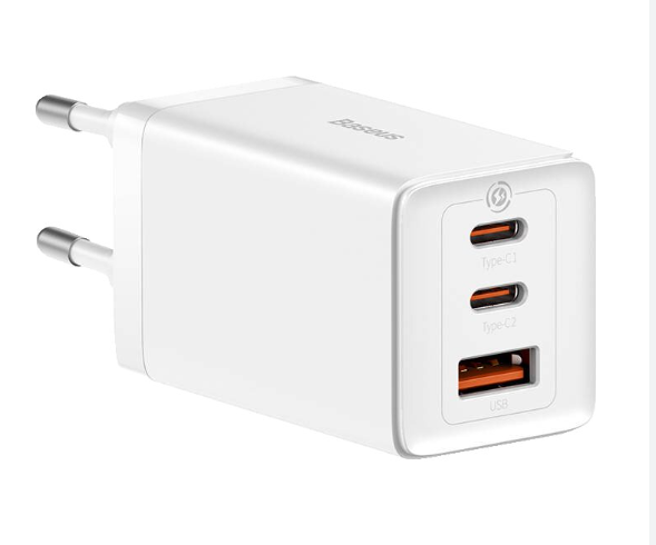 Sieninis įkroviklis GaN5 Pro 65W USB + 2xUSB-C QC3.0 PD3.0 su USB-C 1m laidu, baltas