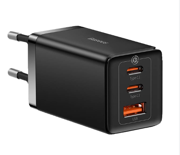 Sieninis įkroviklis GaN5 Pro 65W USB + 2xUSB-C QC3.0 PD3.0 su USB-C 1m laidu, juodas