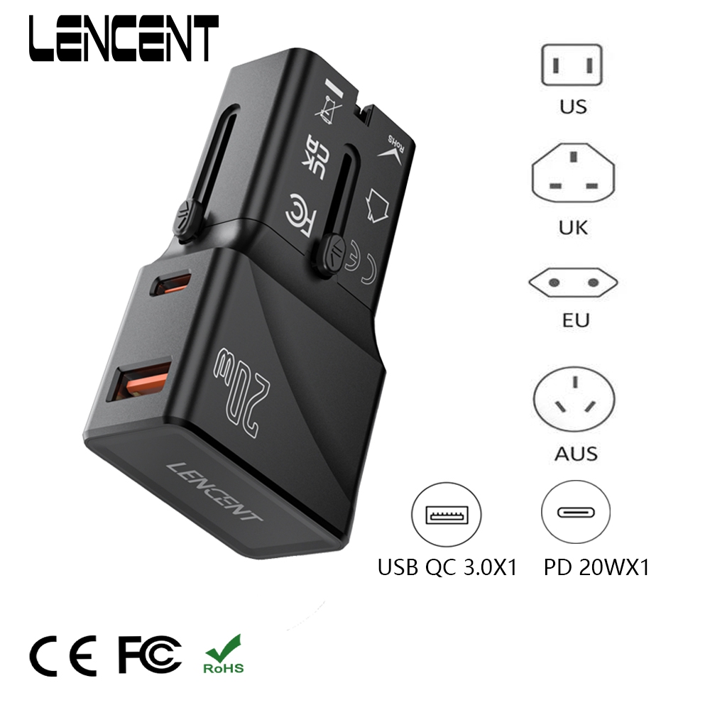 Universalus kelioninis adapteris LENCENT su USB QC 3.0 ir type-C PD 20W, EU, US, AU, UK