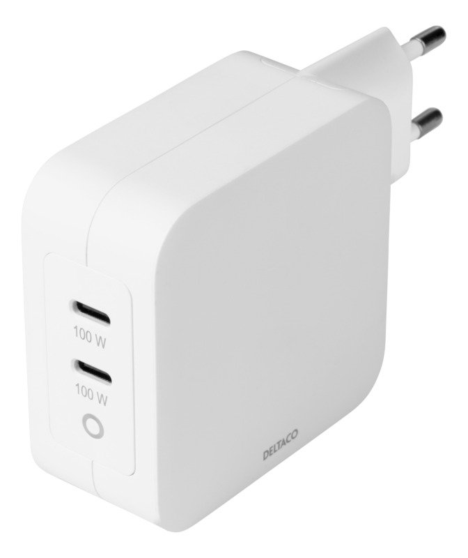 Sieninis įkroviklis DELTACO USB-C, GaN technologija, 2x USB-C PD, iš viso 100 W / USBC-GAN03