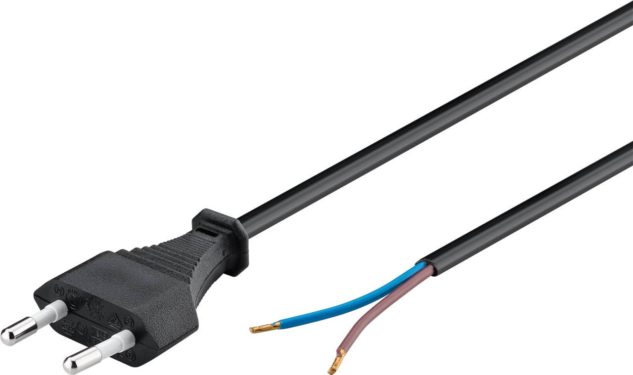 Maitinimo kabelis 2x0.75mm², 1.5m su kištuku ir lituojamais išvadais, juodas