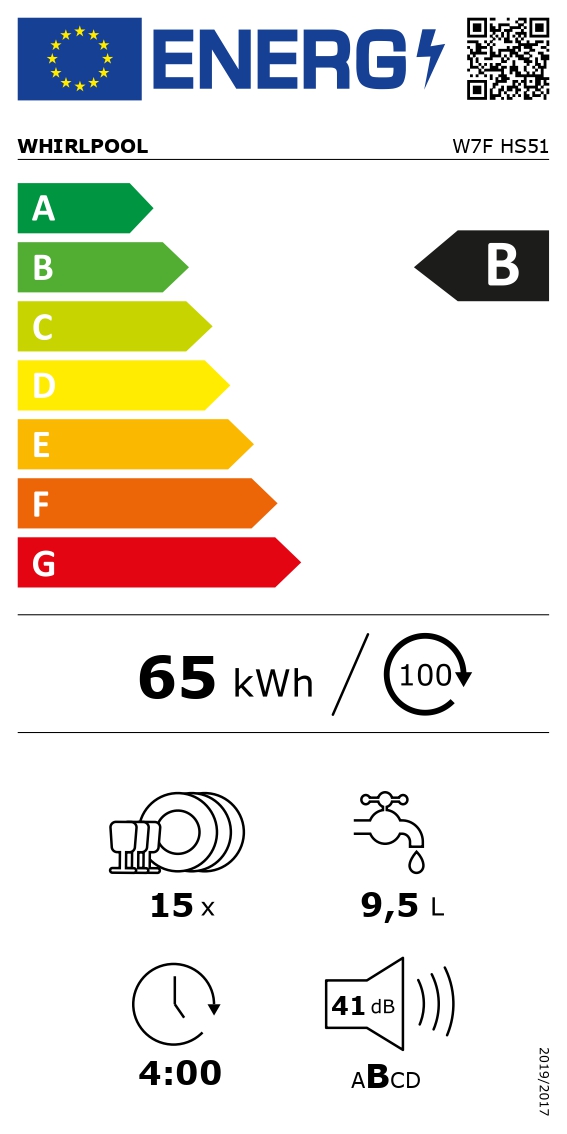 Indaplovė  Whirlpool W7F HS51, plotis 60 cm, aukštis 85 cm, klasė B, Eco programa, talpa 15, baltas.