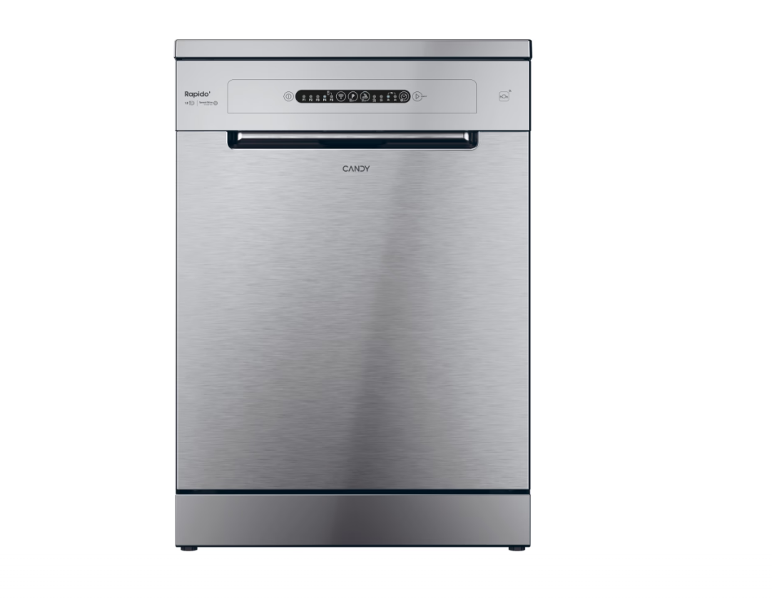 Indaplovė Candy RapidÓ CF 3C7L0X, plotis 59.7 cm, aukštis 85 cm, klasė C, Eco programa, talpa 13, Bluetooth Low Energy (LE), Wi-Fi, sidabrinė.