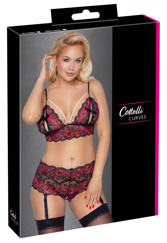 Seksualių apatinių komplektas Cottelli Curves, juodas/raudonas, 3XL/4XL