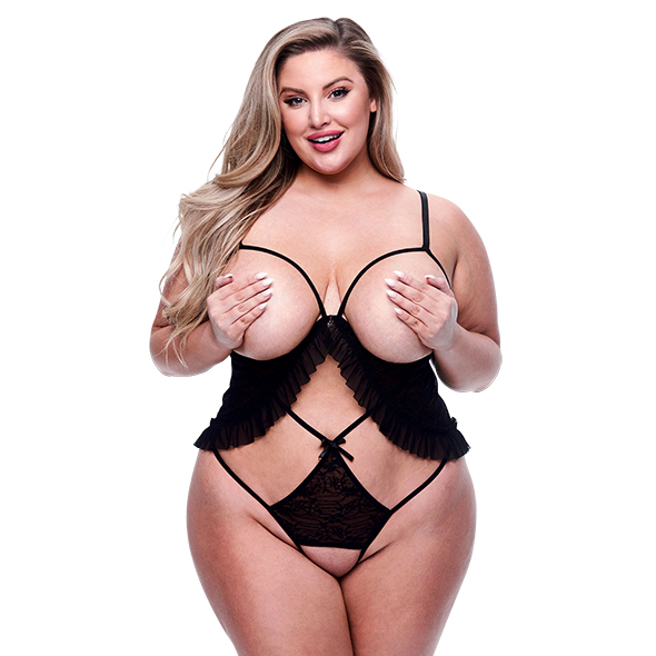 Baci Lingerie - Peek-a-boo Criss-Cross Teddy Black Queen Size