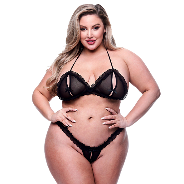 Baci Lingerie - Two-Piece Peek-a-boo Bra & Crotchless G-String Set Black Queen Size