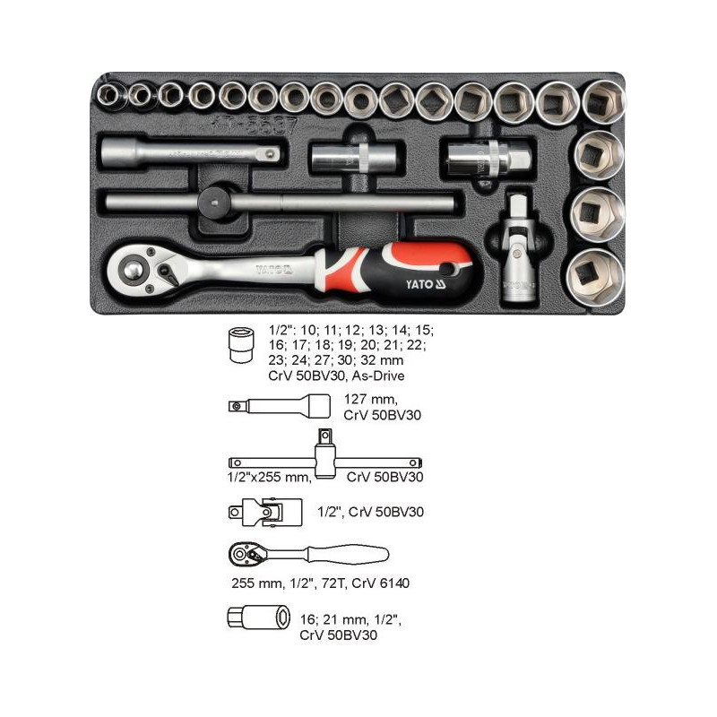 YT-5537 "YATO" STALČIŲ ĮDĖKLŲ 1/2" VERŽLIARAKČIŲ RINKINYS 24 elementai. 5537