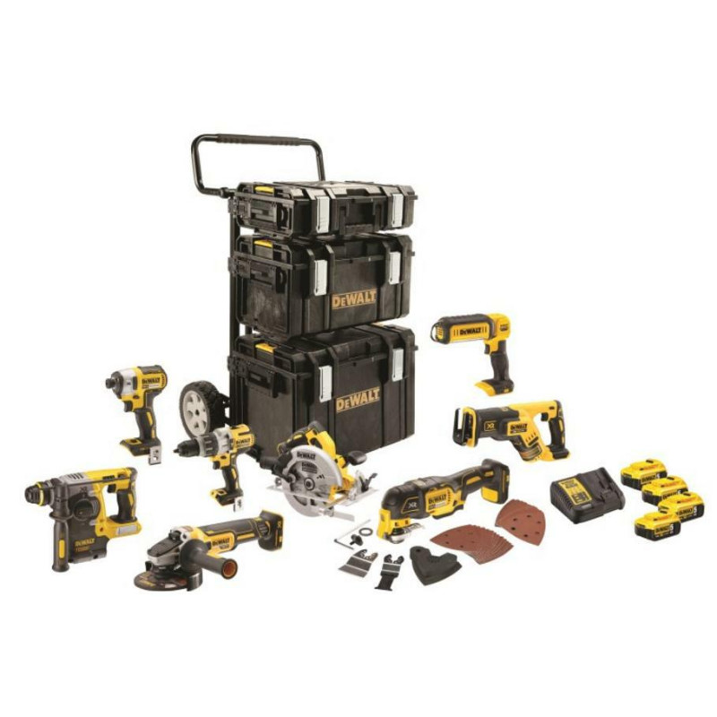 DCK853P4-QW DEWALT 18V įrankių rinkinys (DCD996+DCF887+DCG405+DCH273+DCS355+DCS367+DCS570+DCL050) 4x5,0Ah DCK853P4