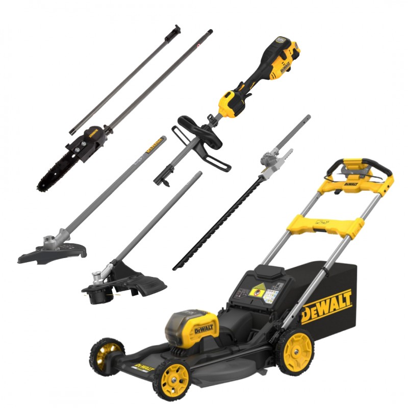 DCMWSP550N DeWALT 54V FLEXVOLT savaeigė žoliapjovė + DCMAS5713N-SET 54V daugiafunkcinis sodo priežiūros įrankis