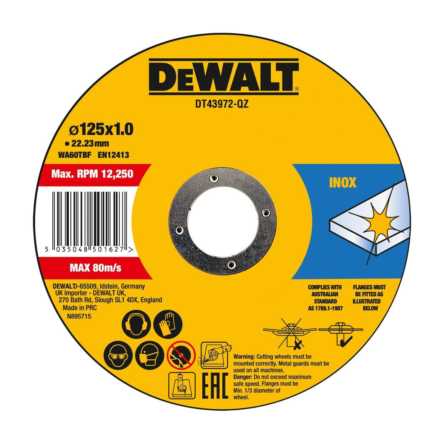 DeWalt plonas greito pjovimo nerūdijančio plieno diskas 125X1X22,23 mm - 10 vnt. DT43972-QZ