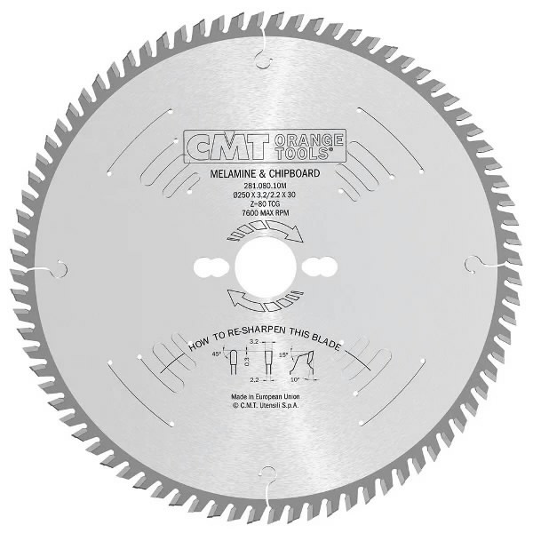 Pjovimo diskas laminatinei plokštei 250x3.2x30mm Z80 a=10° TCG, CMT