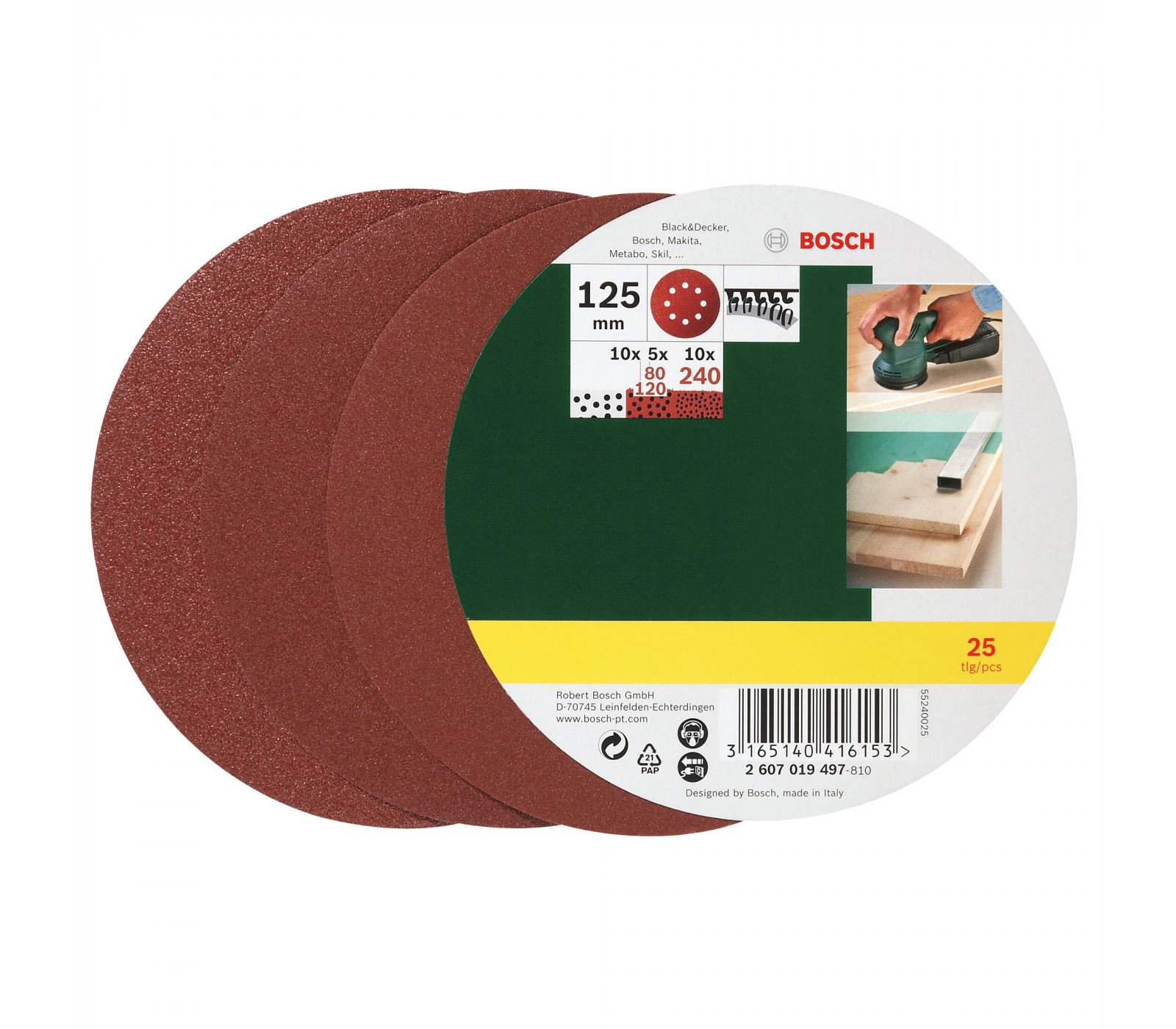 Bosch ekscentrinio šlifavimo popierių rinkinys, 125 mm, 80,120,240 grūdėtumas, 25 vnt.