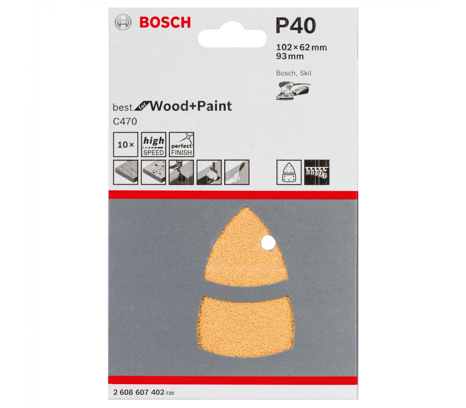 Bosch šlifavimo popierius C470, 102 x 62, 93 mm, 40 grūdėtumas, 10 vnt.