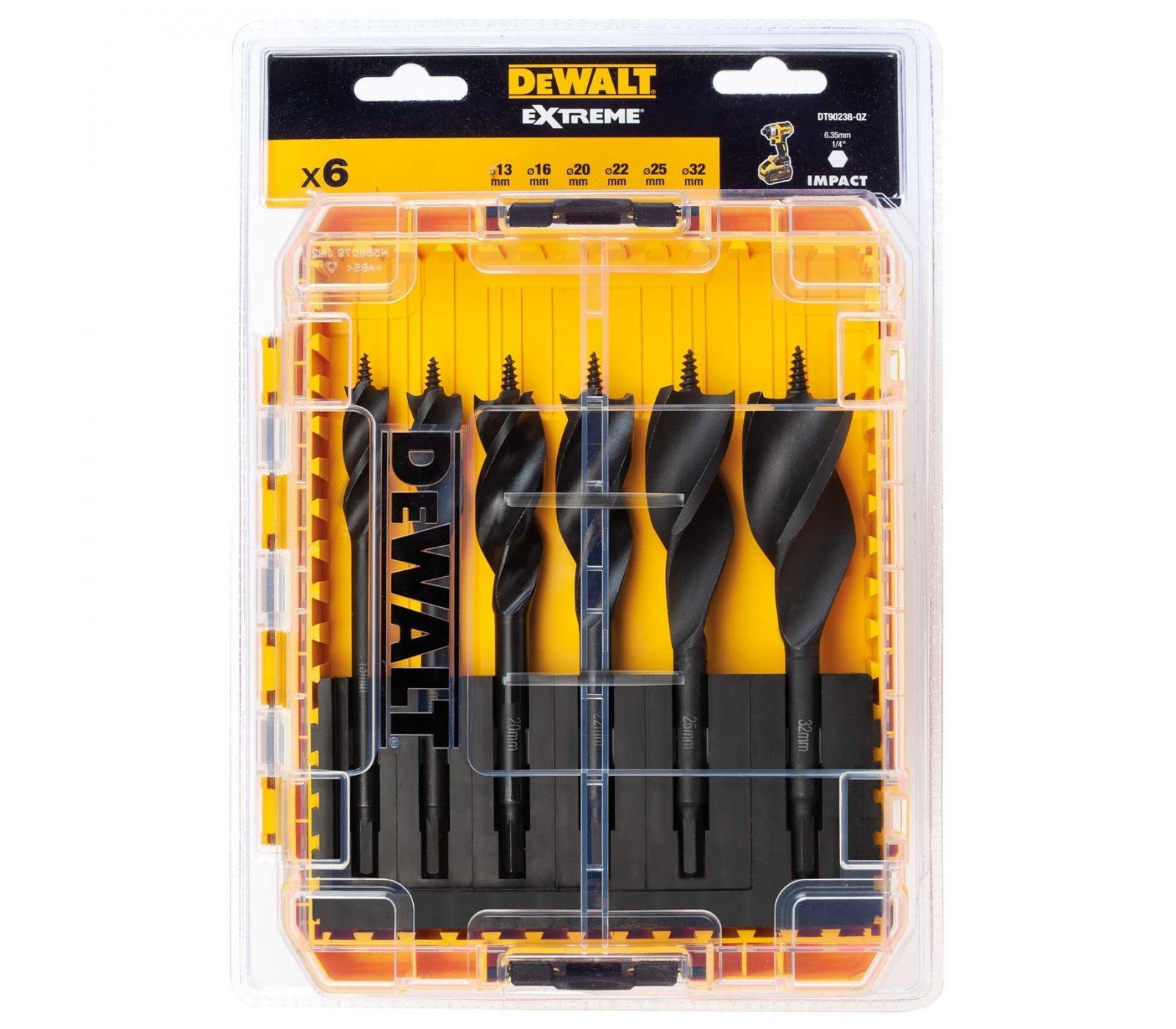 Dewalt medienos grąžtų rinkinys su 3 pjovimo briaunomis (DT90238-QZ), 6 vnt.