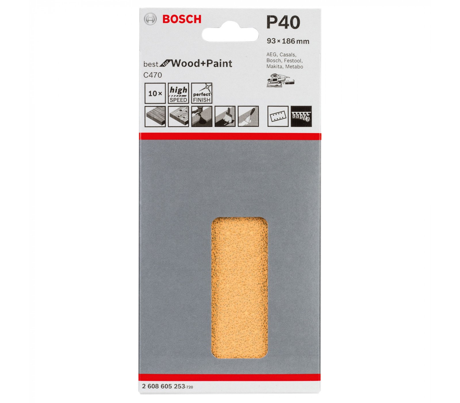Bosch šlifavimo popierius C470, 93 x 186 mm, 40 grūdėtumas, 10 vnt.