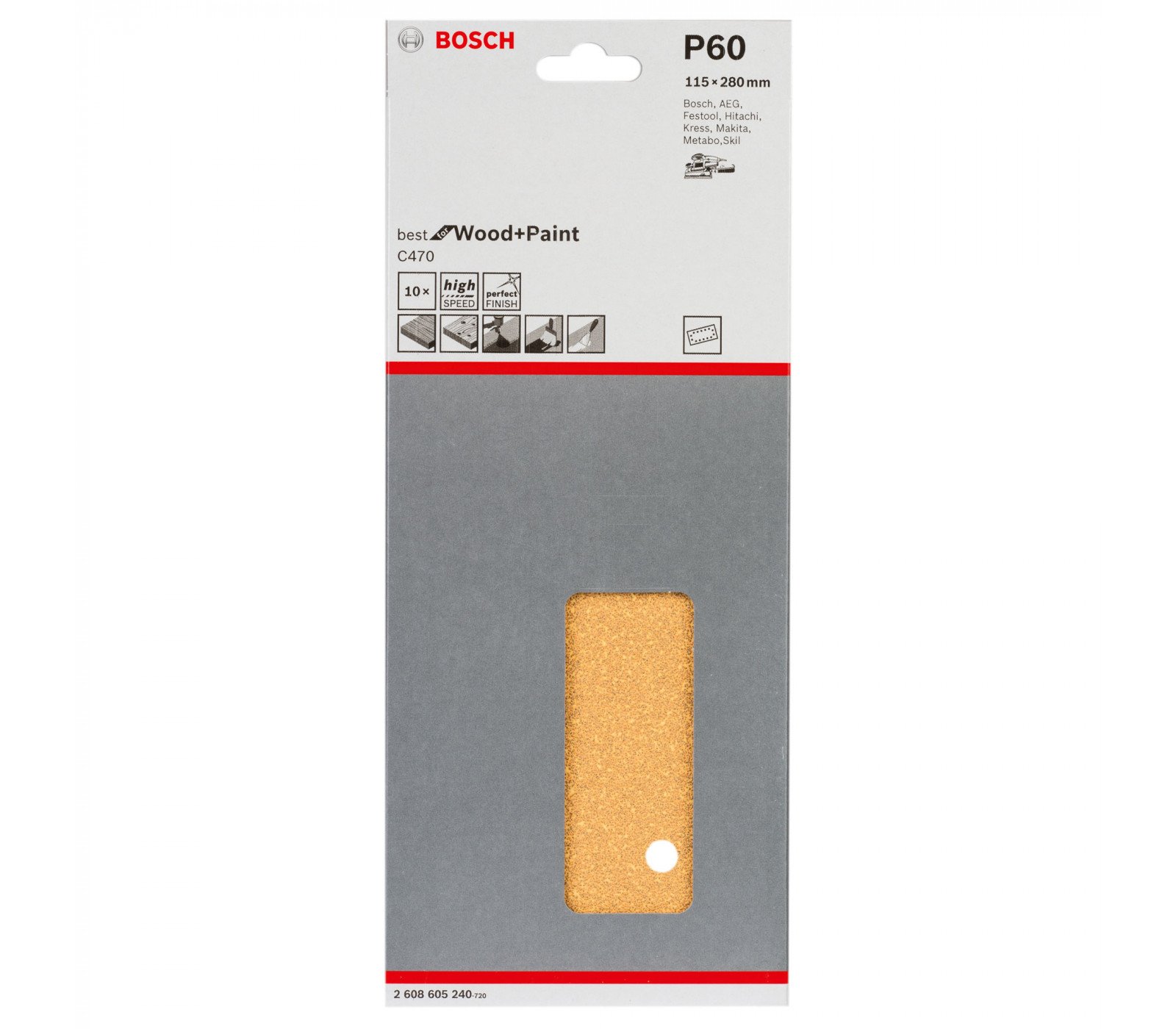 Bosch šlifavimo popierius C470, 115 x 280 mm, 60 grūdėtumas, 10 vnt. (14 skylių)