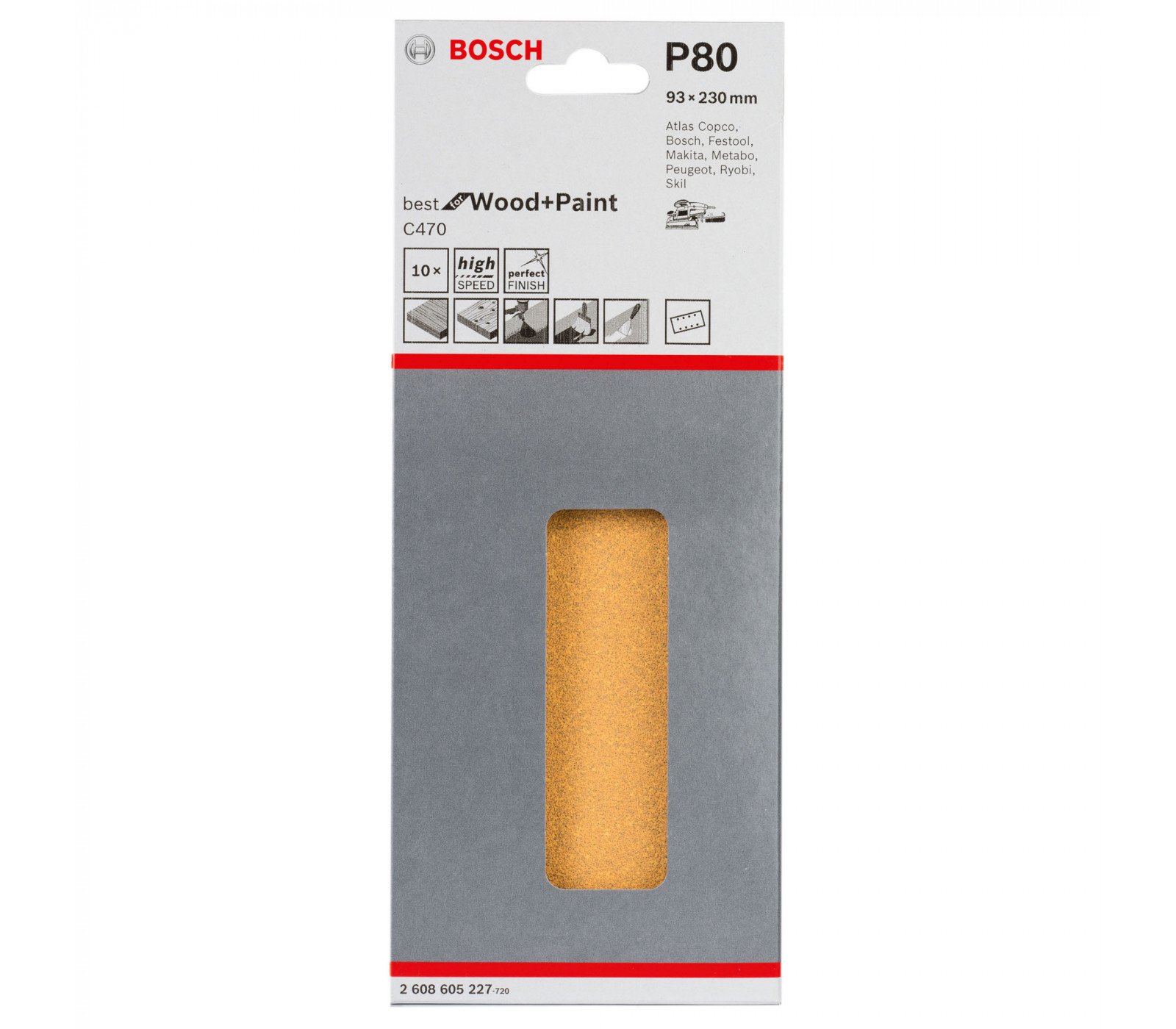 Bosch šlifavimo popierius C470, 93 x 230 mm, 80 grūdėtumas, 10 vnt. (su skylėmis)